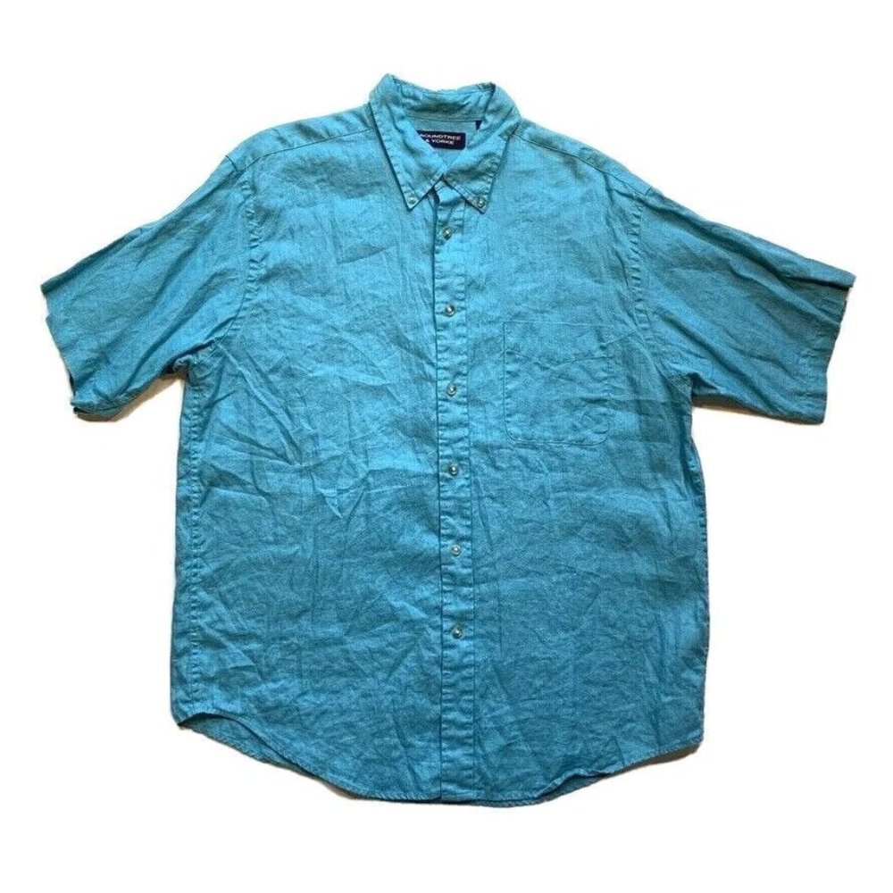 Roundtree & Yorke 100% Linen Shirt Mens‎ Large Button Down Short Sleeve Blue NEW
